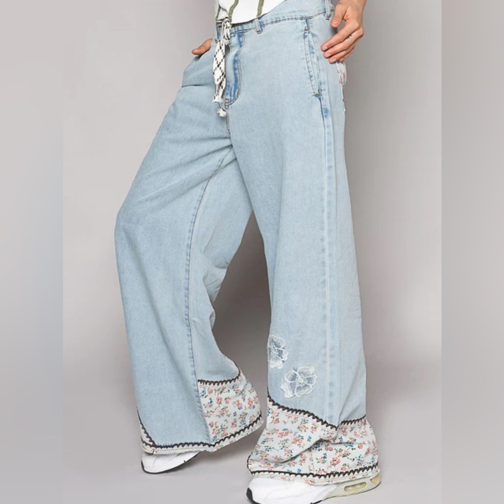 POL Light Blue Wide Leg Pants with Floral Trim